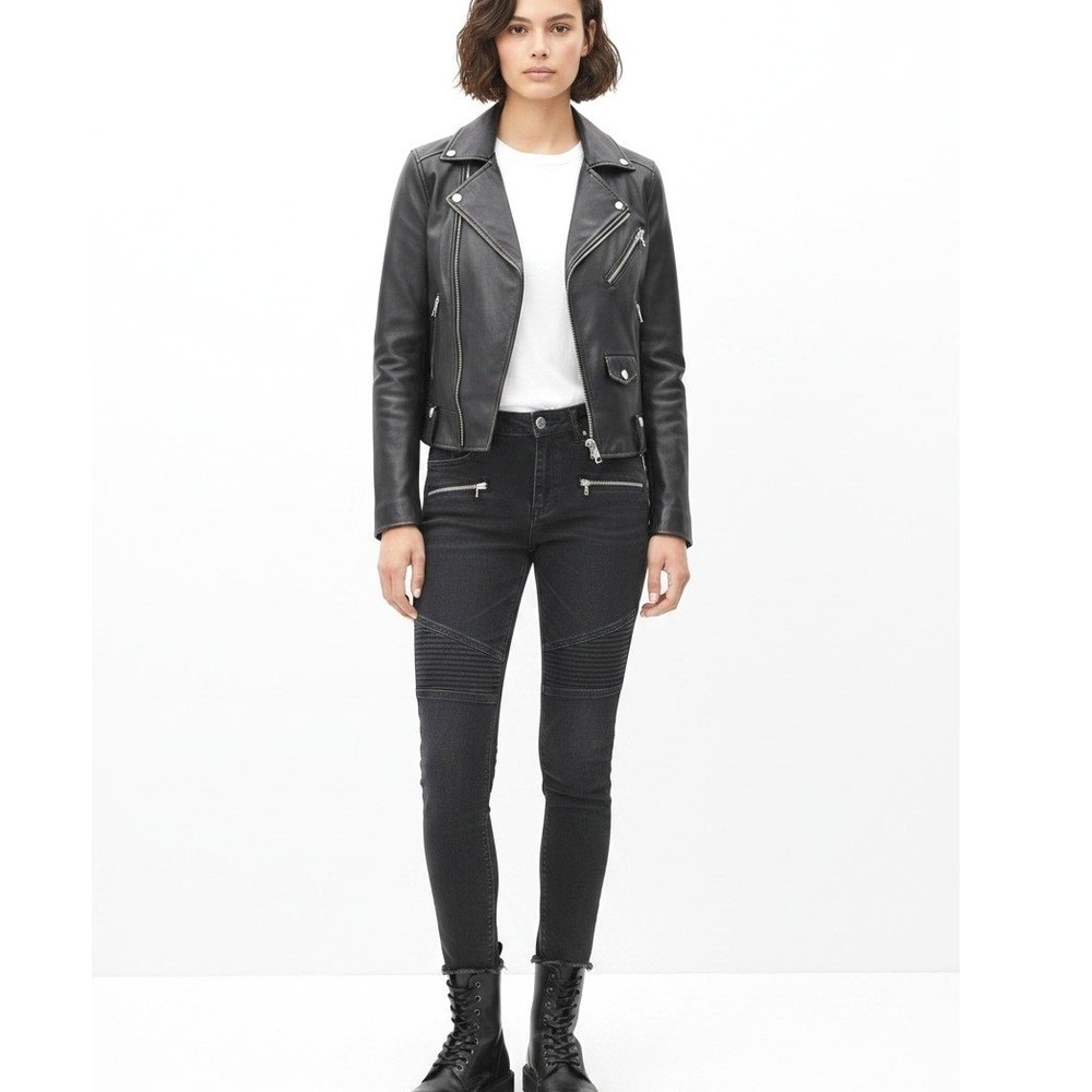 AllSaints Grace Biker Skinny Jeans Washed Black Moto Ribbed Knee W30 - Picture 2 of 9